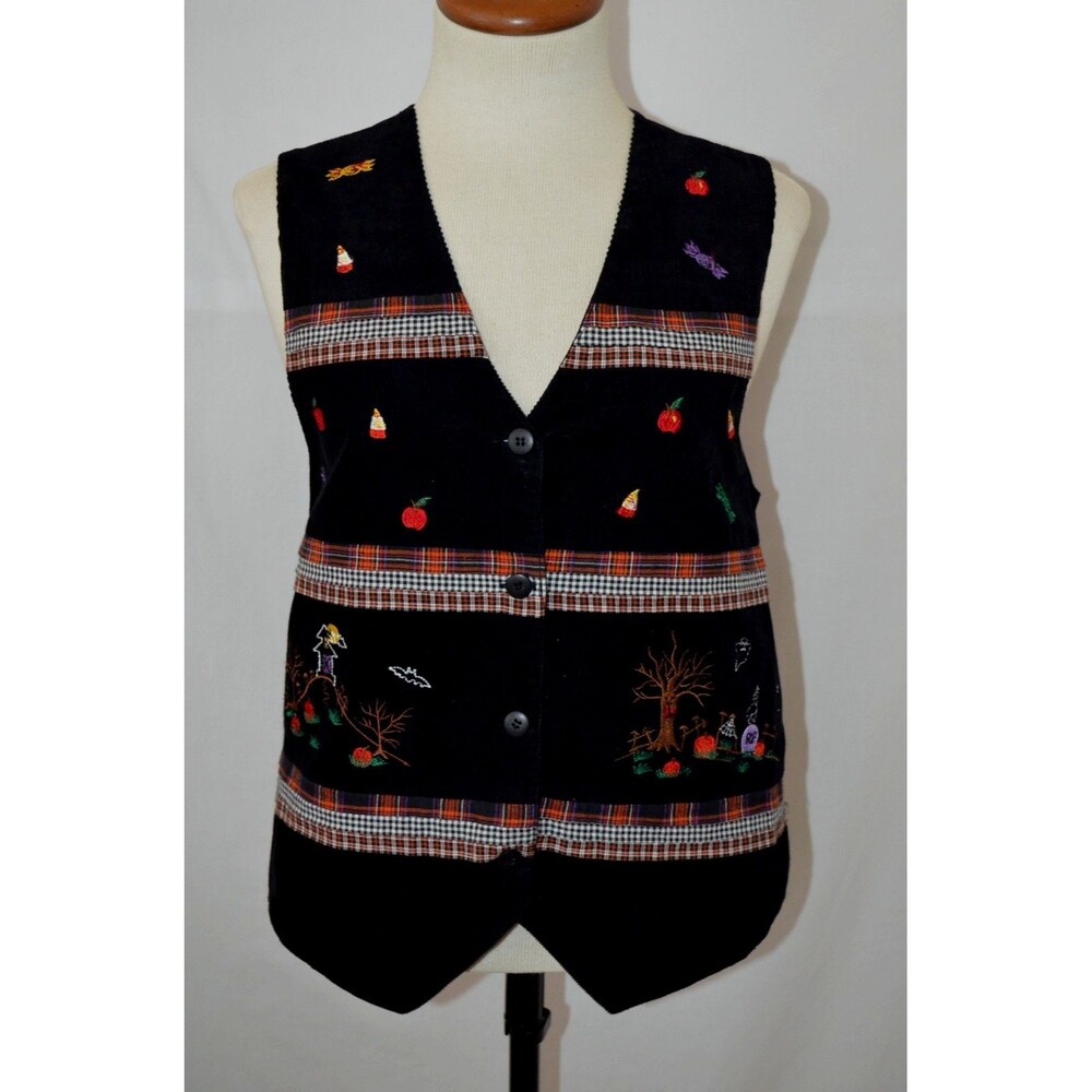 VTG Cascade Blues Halloween Embroidered Vest Women’s Small Ghost Pumpkin Cat Bat